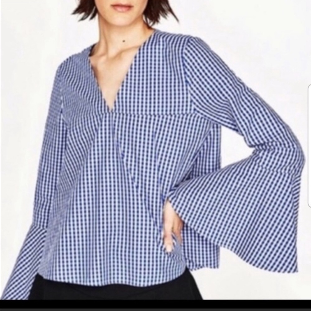 Zara Gingham Top with Bell Sleeve